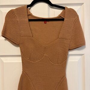 STAUD Ribbed Knit Dress in Camel